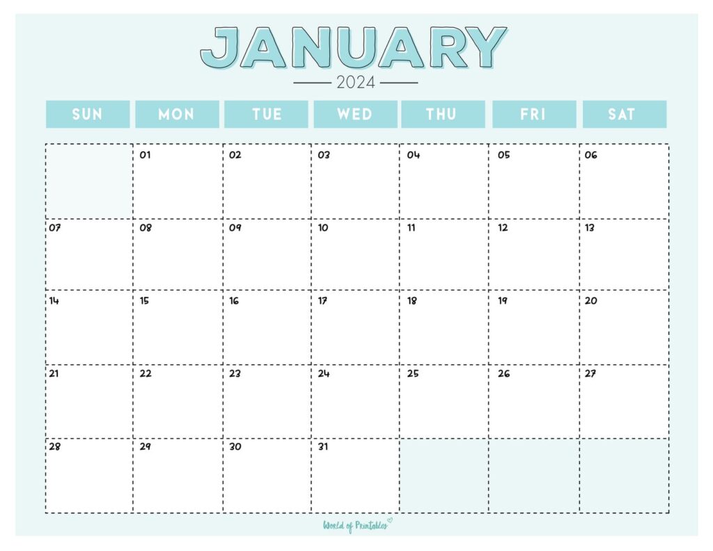 Aqua Blue January 2024 Calendar Landscape