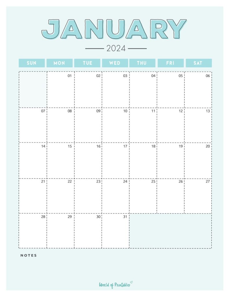 Aqua Blue January 2024 Calendar Portrait