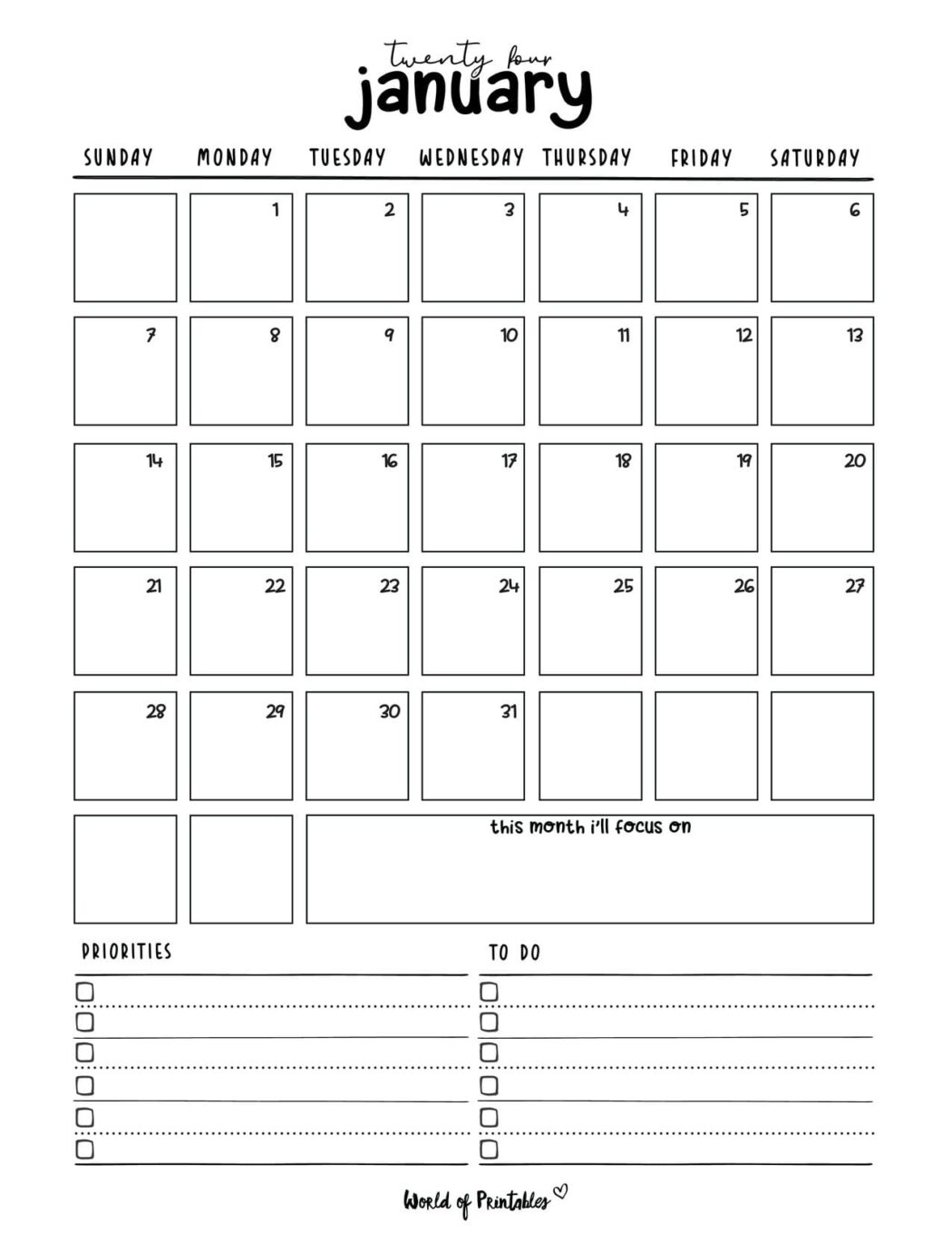 Free Printable January 2024 Calendars World of Printables