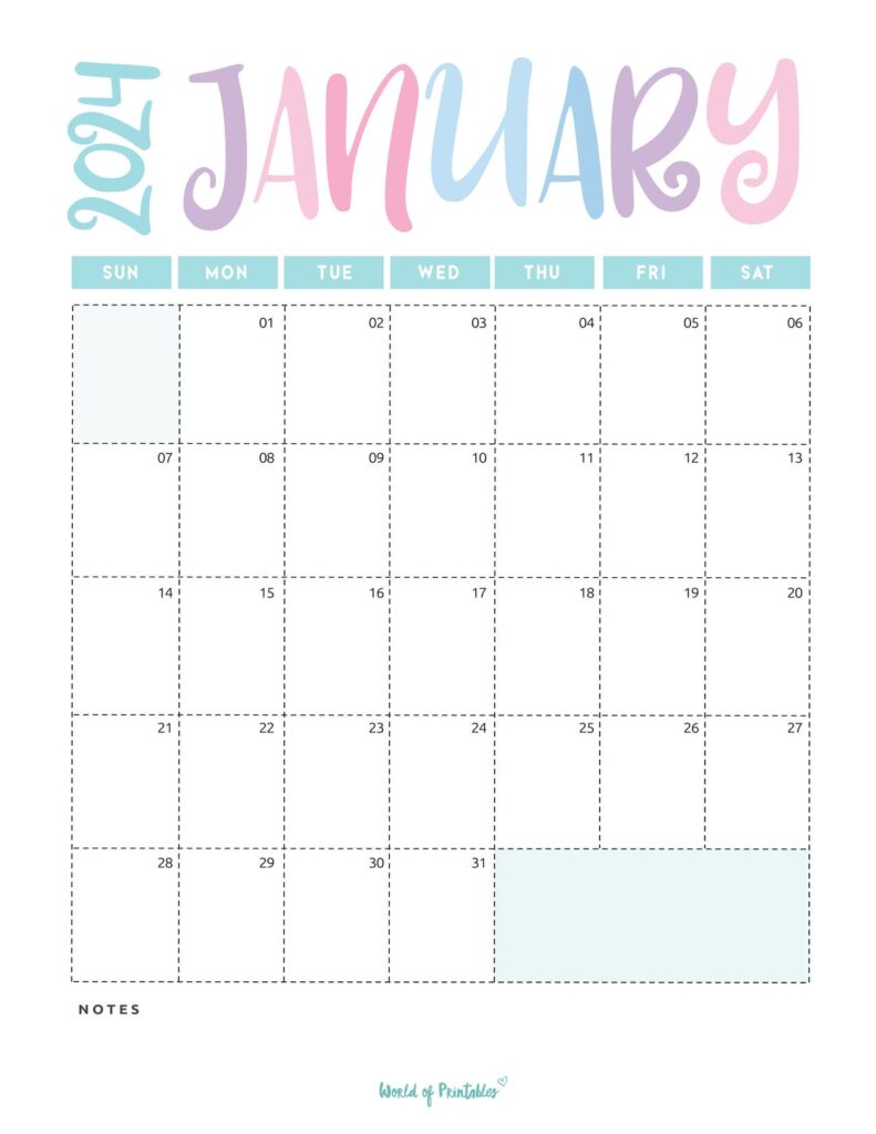 Pastel January 2024 Calendar