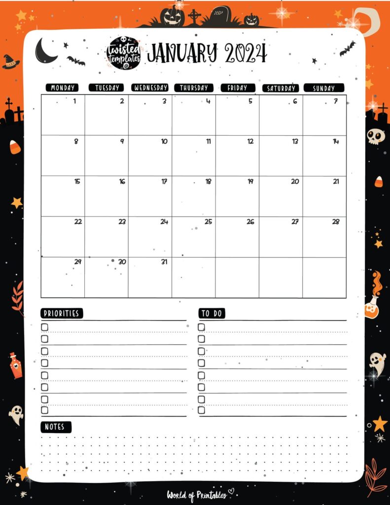 Halloween January 2024 Calendar