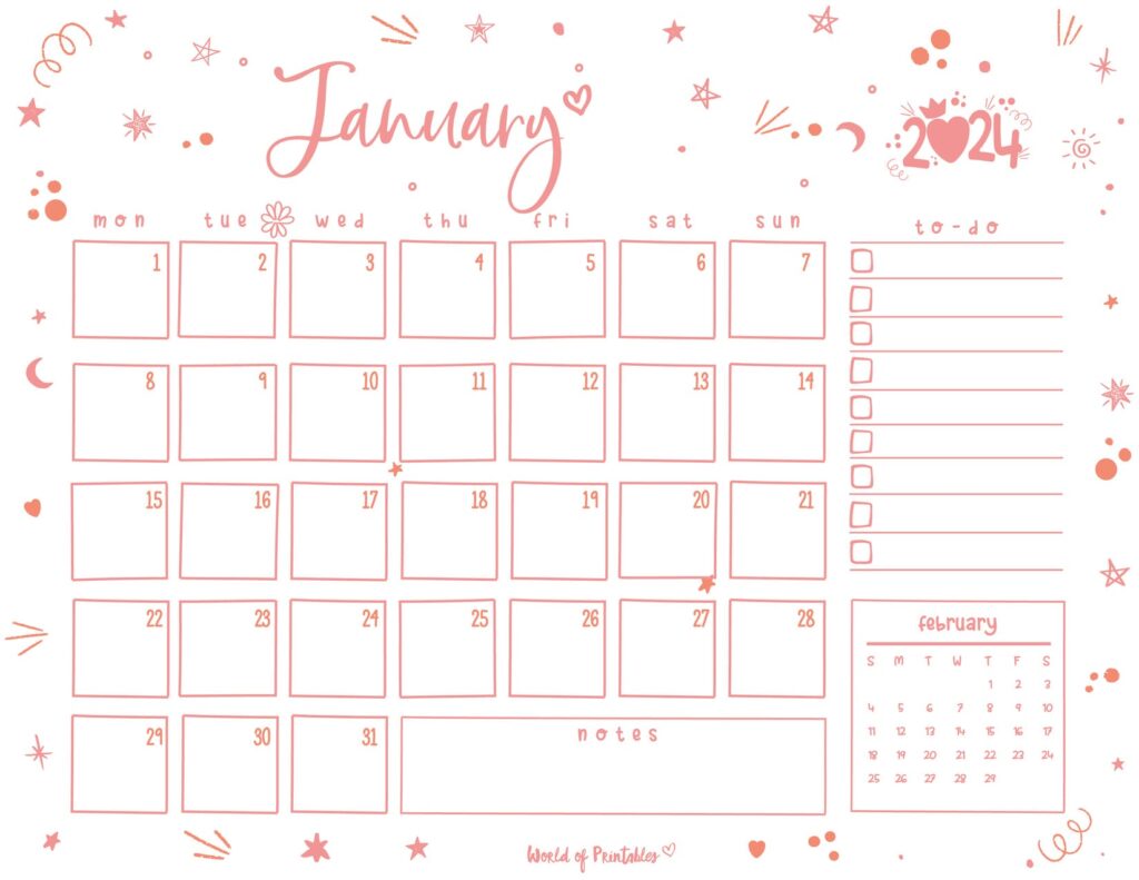 Cute January 2024 Calendar Landscape