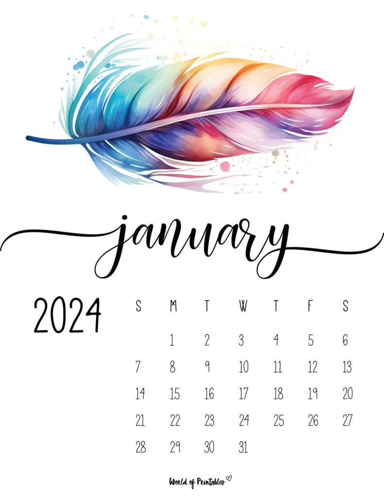 Watercolor January 2024 Calendar