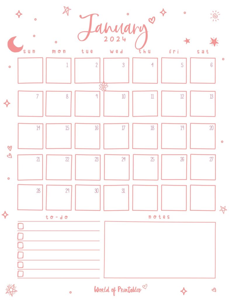 Cute Portrait January 2024 Calendar