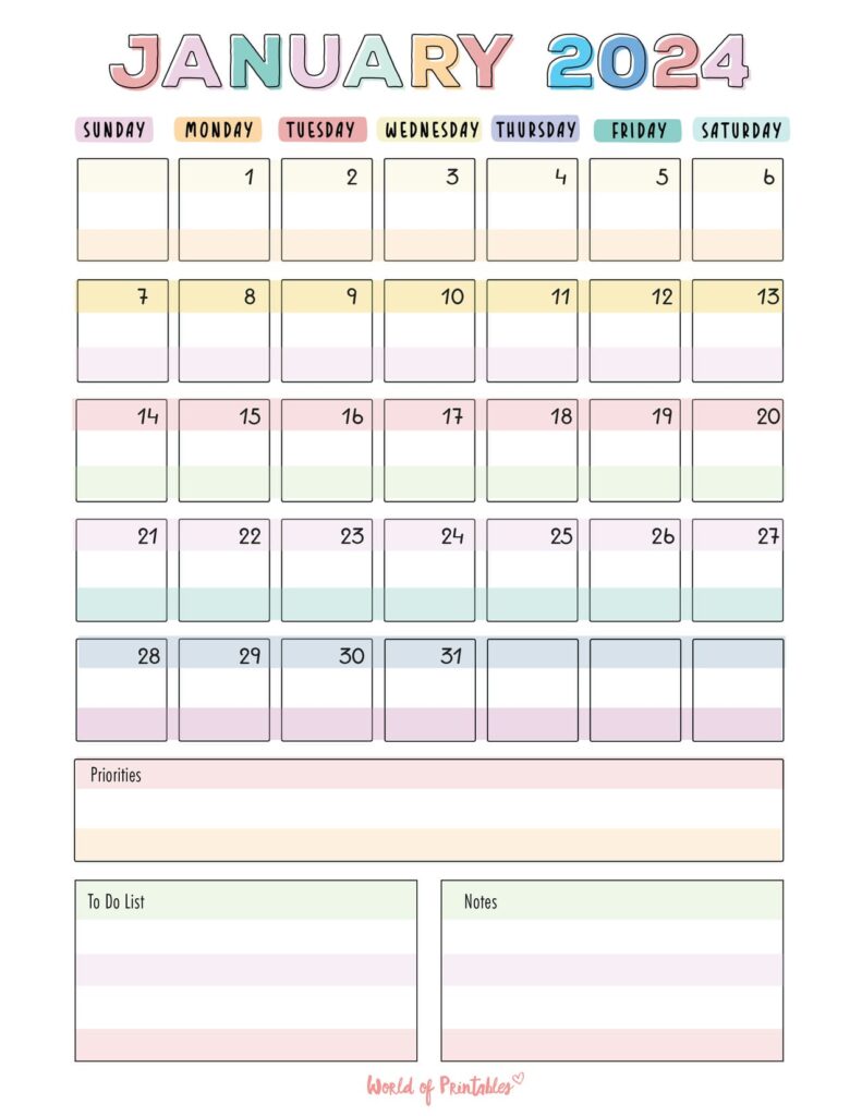 Colorful January 2024 Calendar