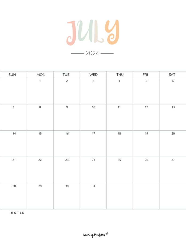 Pastel Color July 2024 Calendar