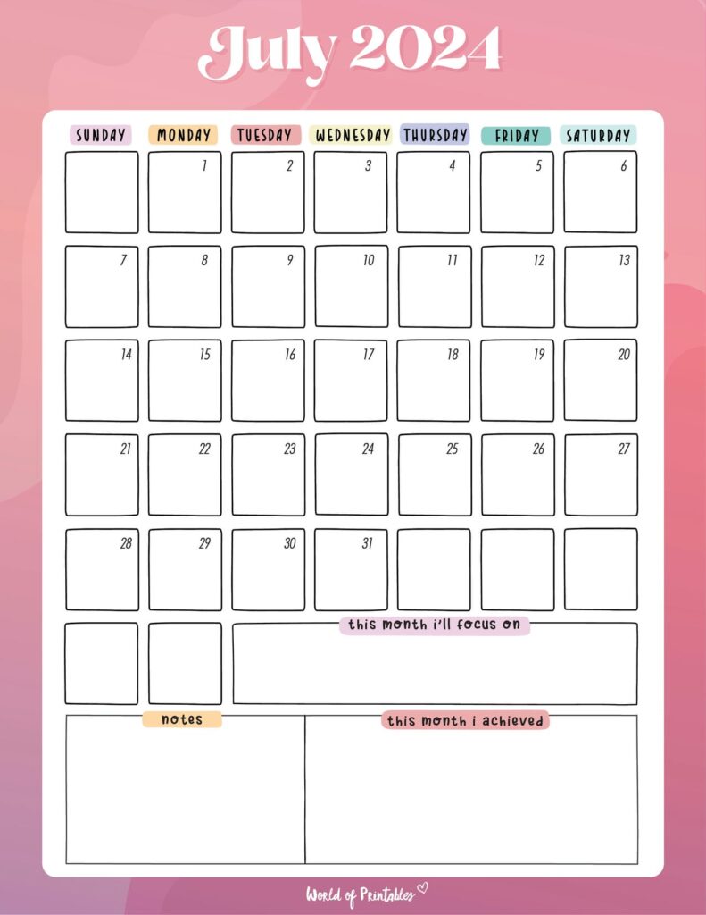 Free Cute July 2024 Calendar 