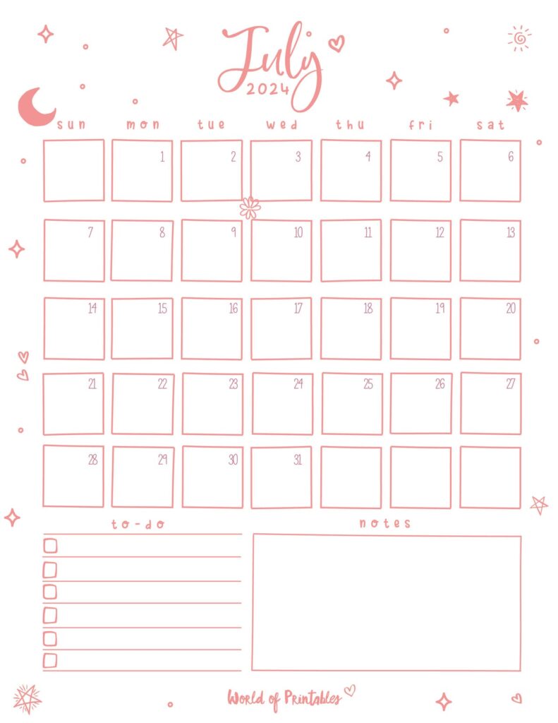 Cute July 2024 Calendar Printable