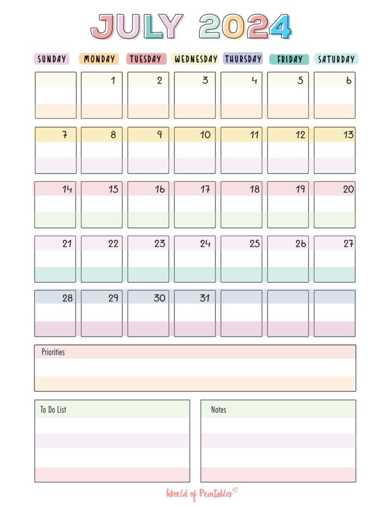 Colorful July 2024 Calendar