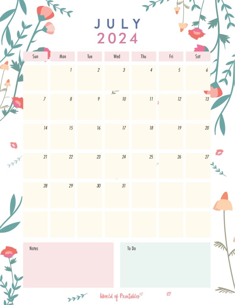 Floral July 2024 Calendar