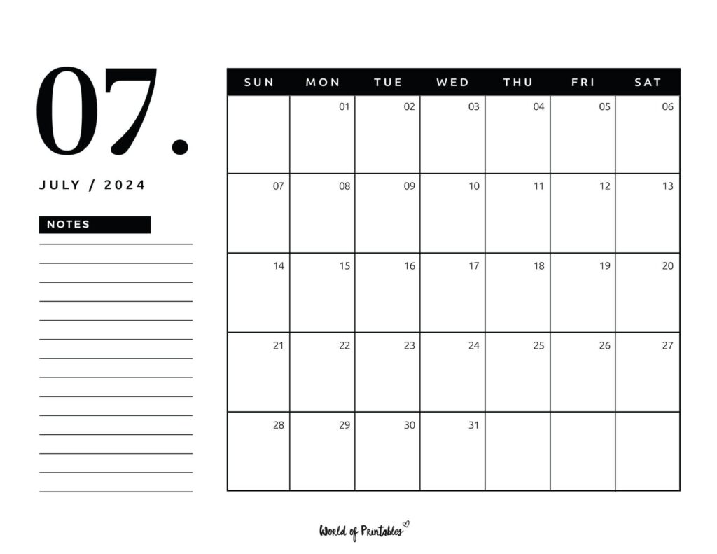 July 2024 Calendar with notes