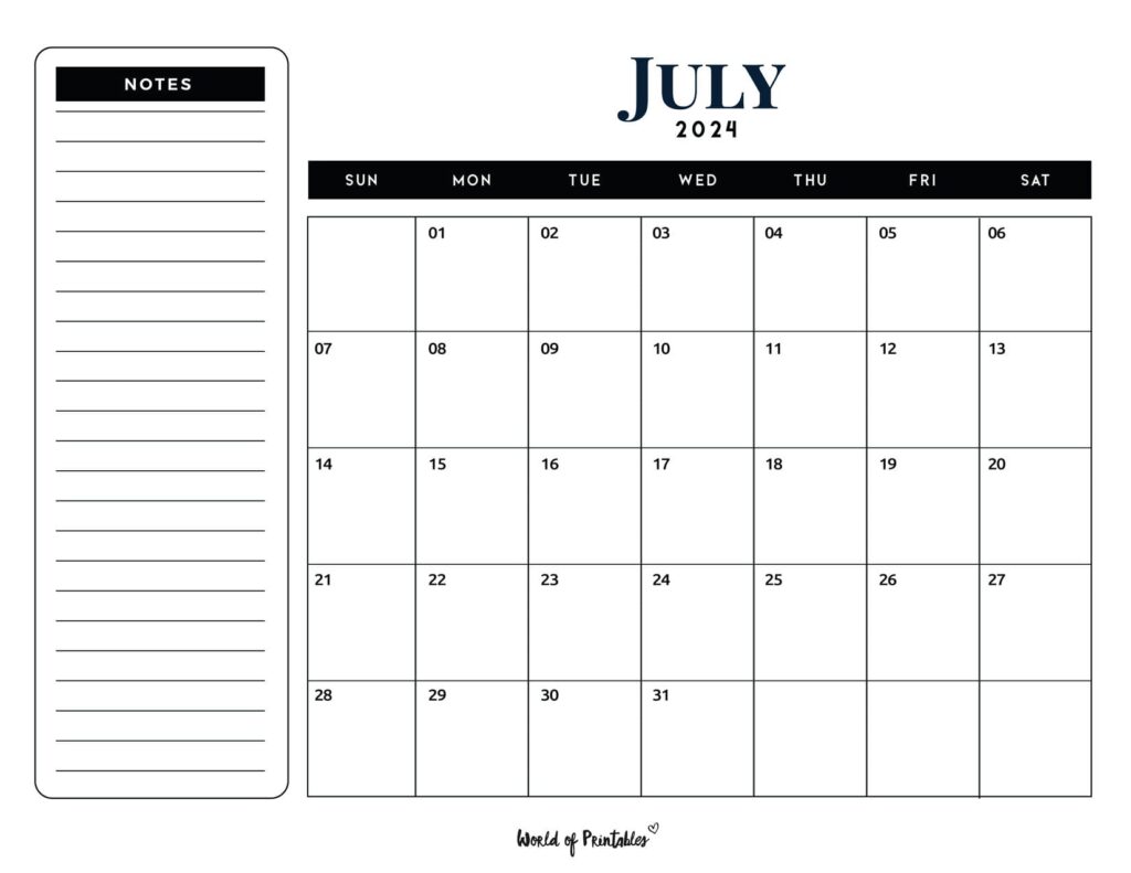 July 2024 Calendar with notes