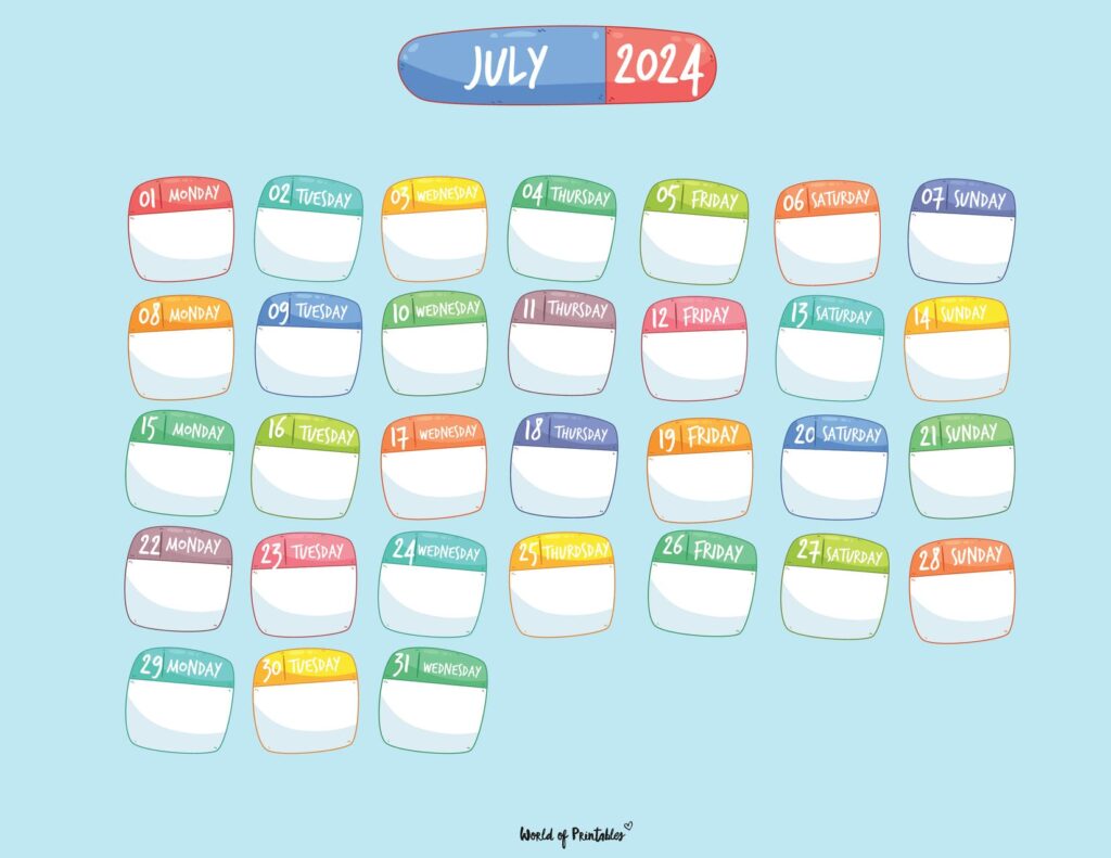 Kids July 2024 Calendar