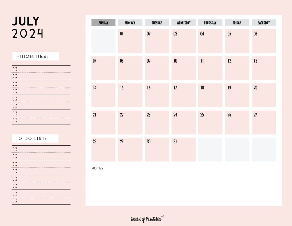 Pink July 2024 Calendar