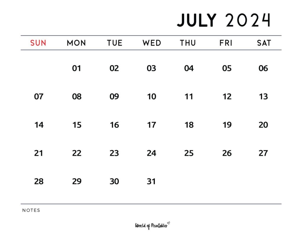 Printable 2024 July Calendar