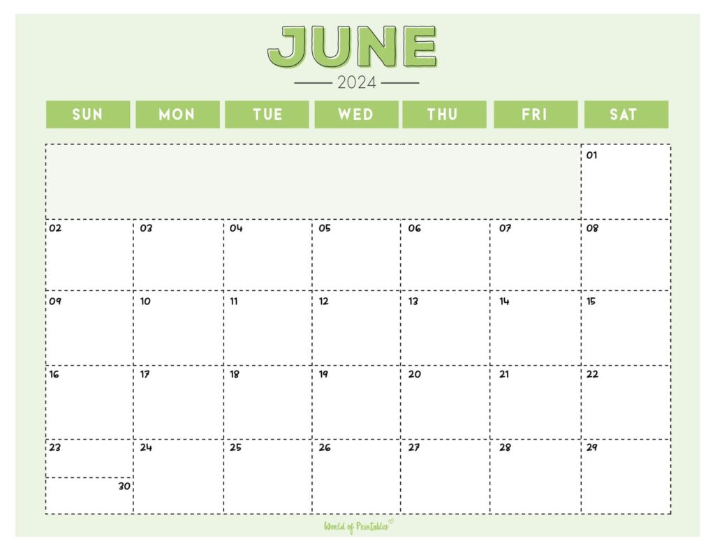 Green June 2024 Calendar Landscape