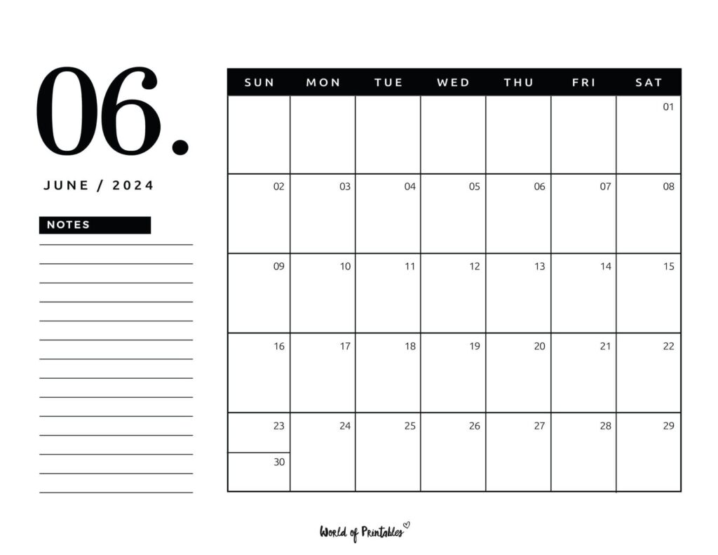 June 2024 Calendar with notes