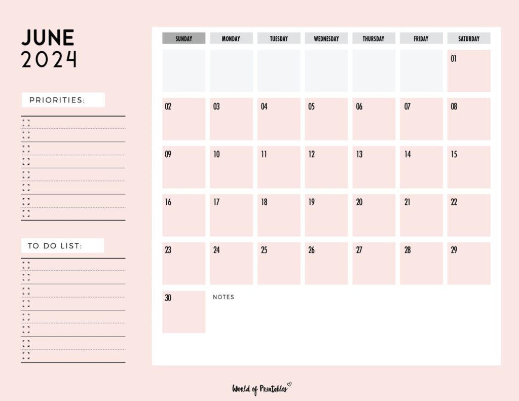 Pink June 2024 Calendar