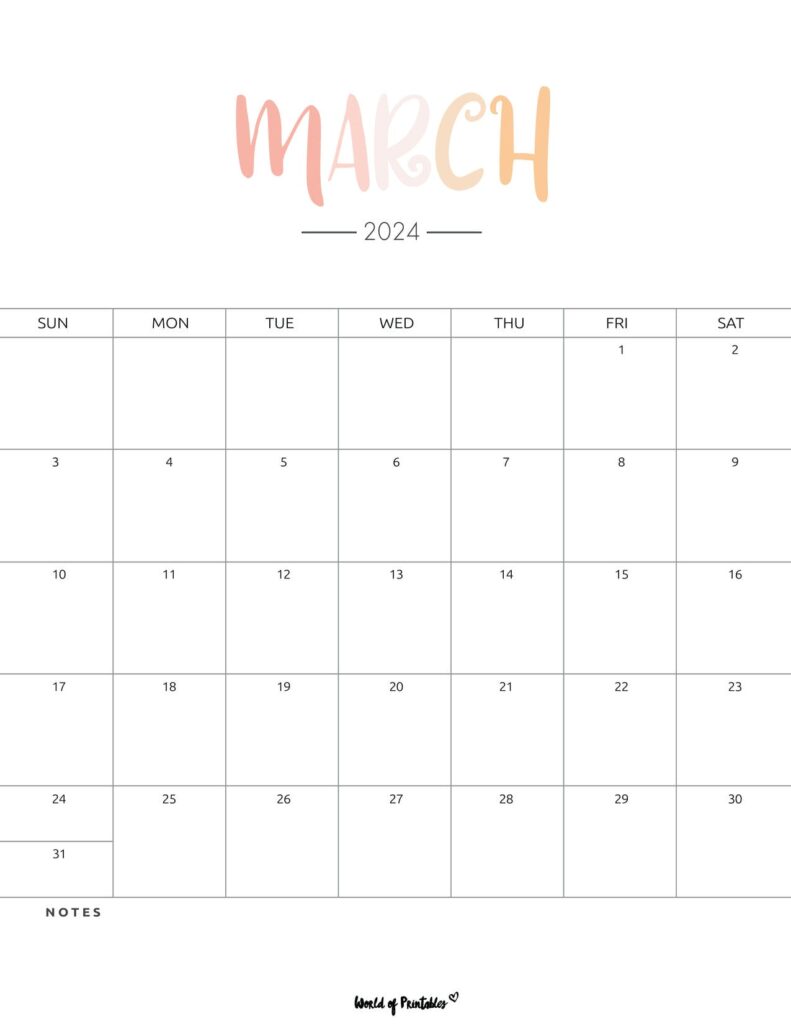 Pastel Color March 2024 Calendar