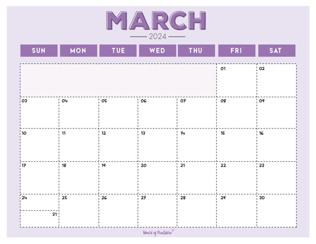 Purple March 2024 Calendar Landscape