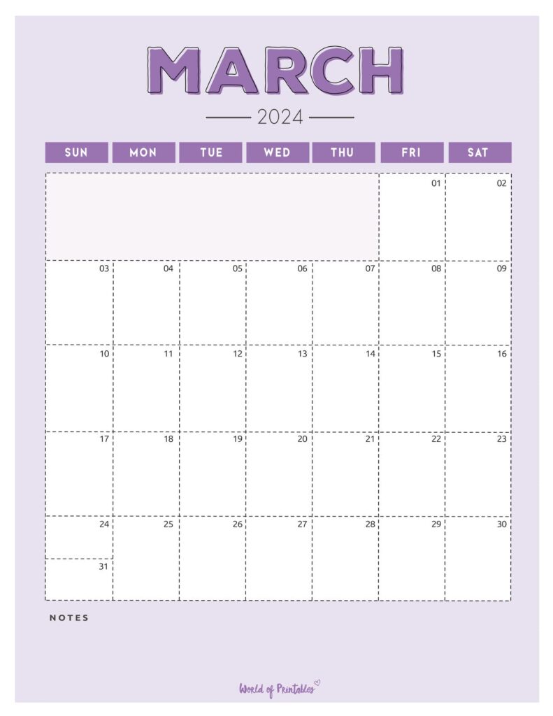 Purple March 2024 Calendar