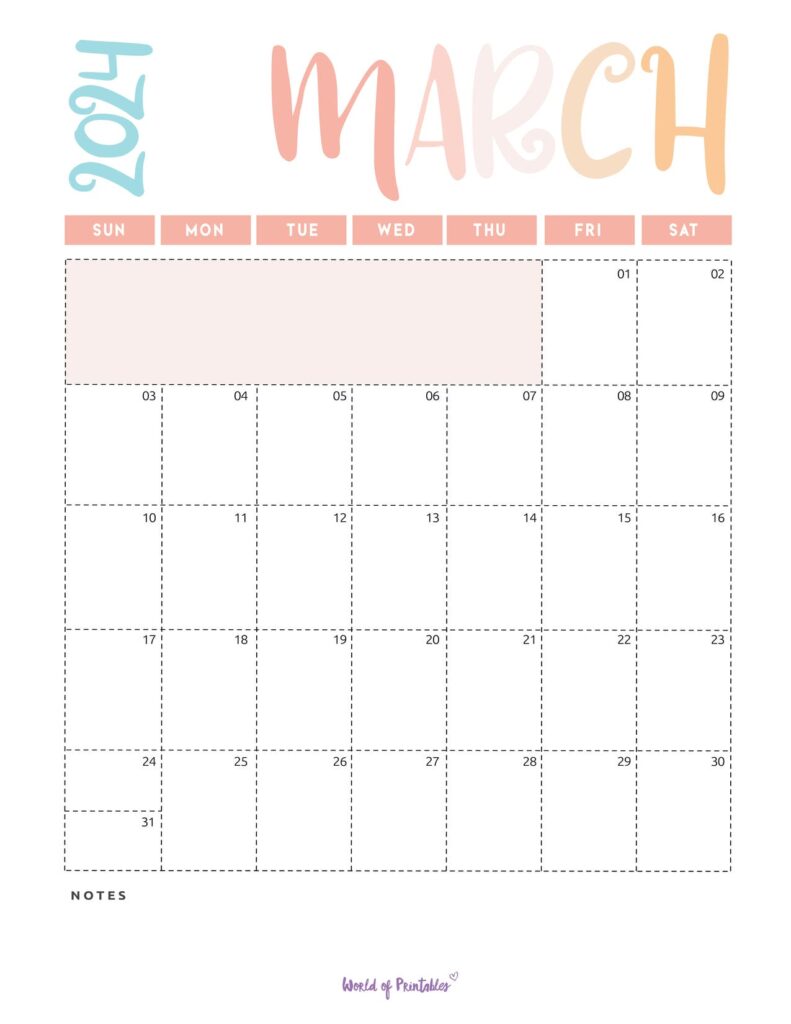 Pastel March 2024 Calendar