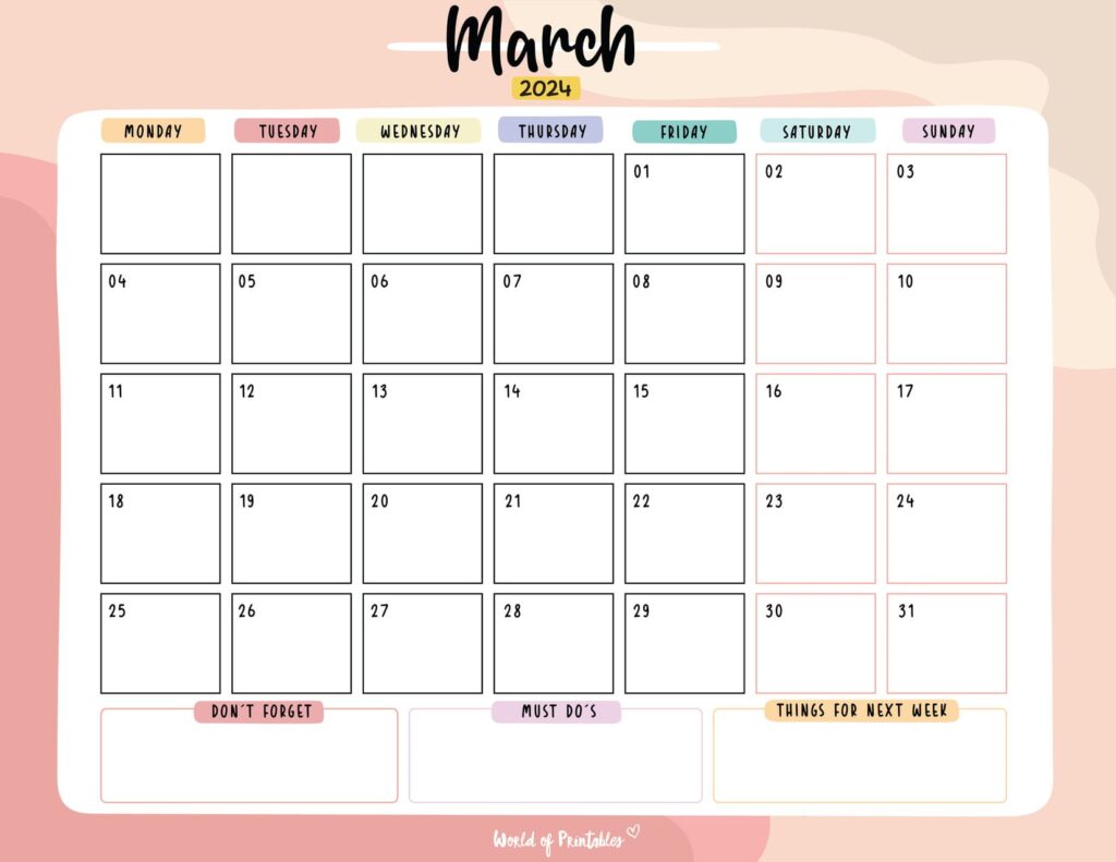 March 2024 calendar Cute Landscape