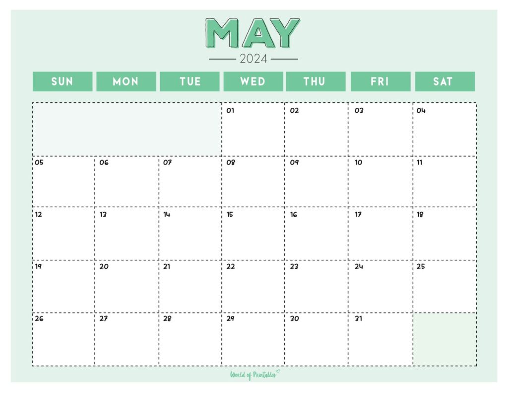 Green May 2024 Calendar Landscape