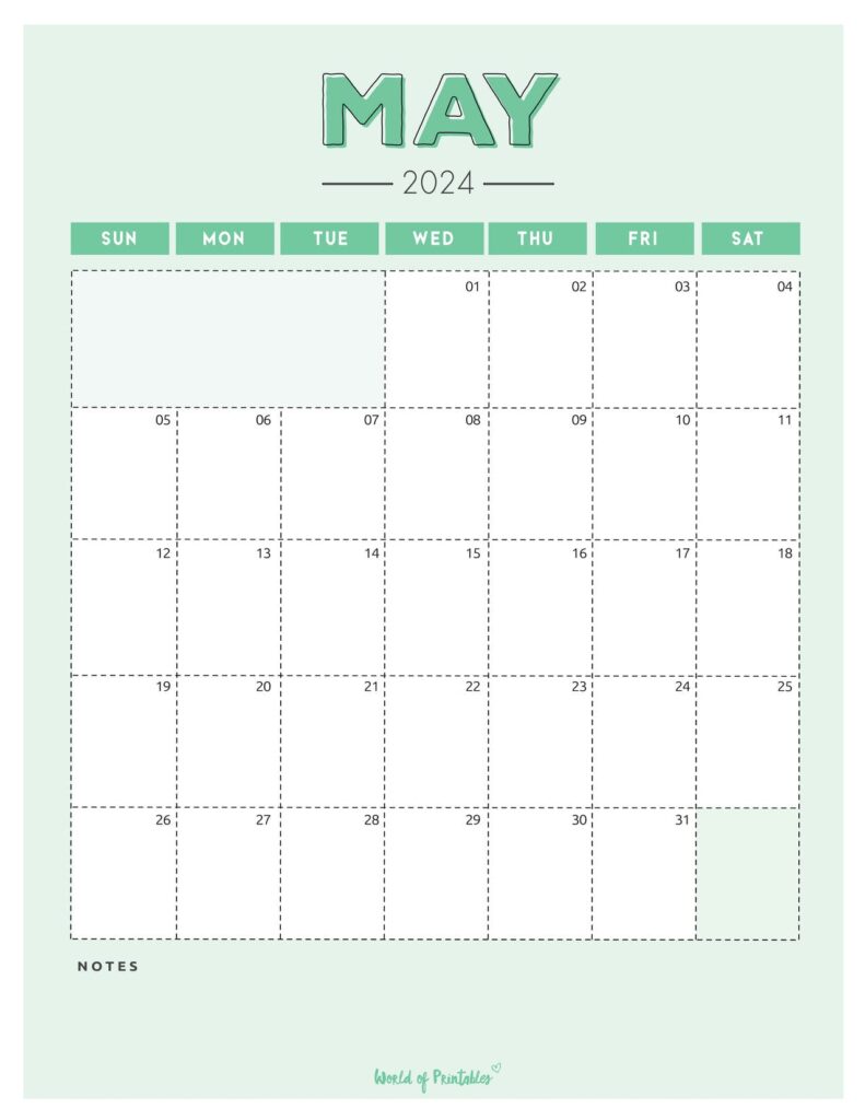 Green May 2024 Calendar