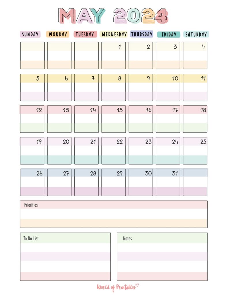 Colorful May 2024 Calendar