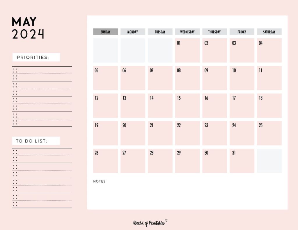 Pink May 2024 Calendar