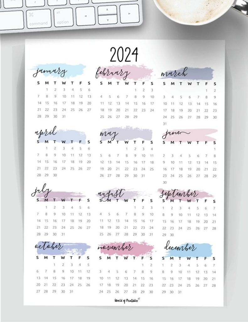 Watercolor One Page Calendar for 2024