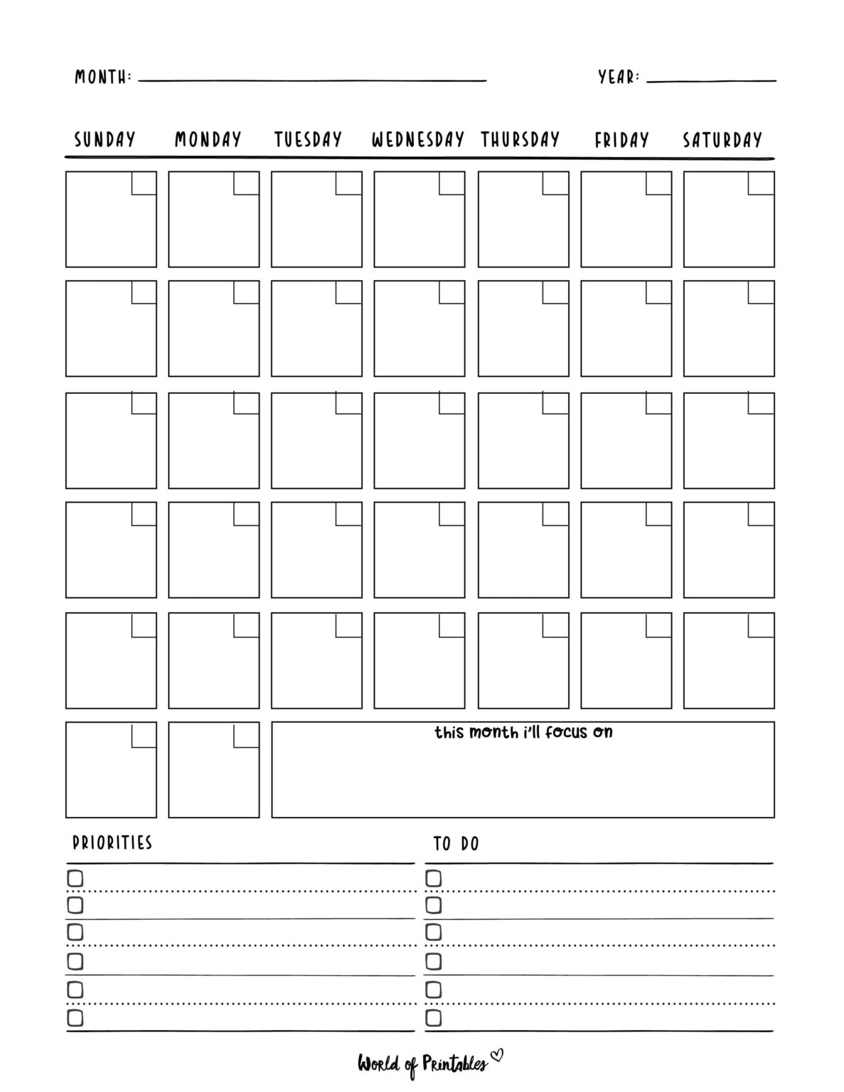 Printable Blank Calendar Templates - World of Printables