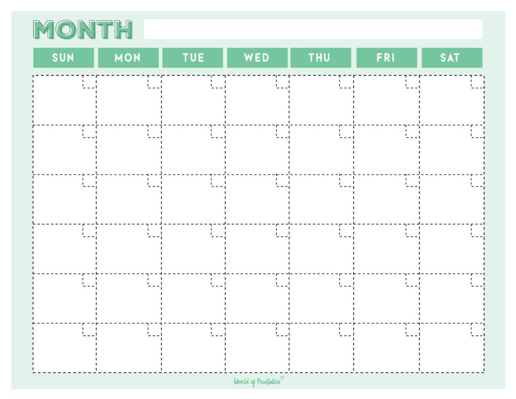 blank monthly calendar green 2