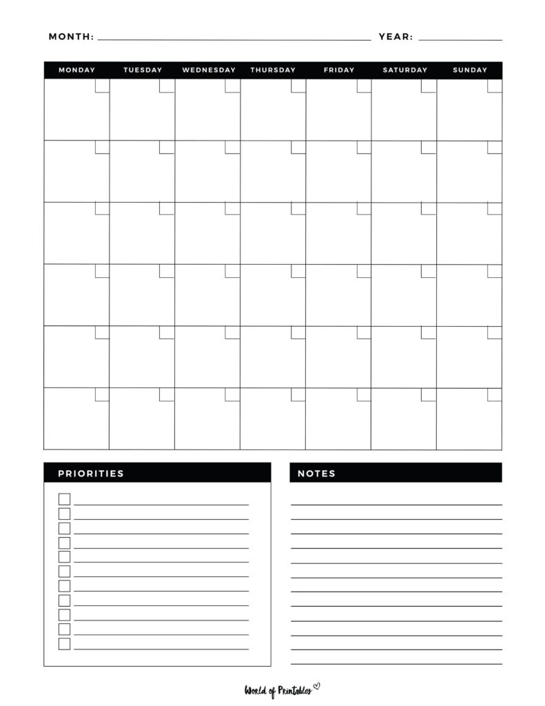 blank monthly calendar printable