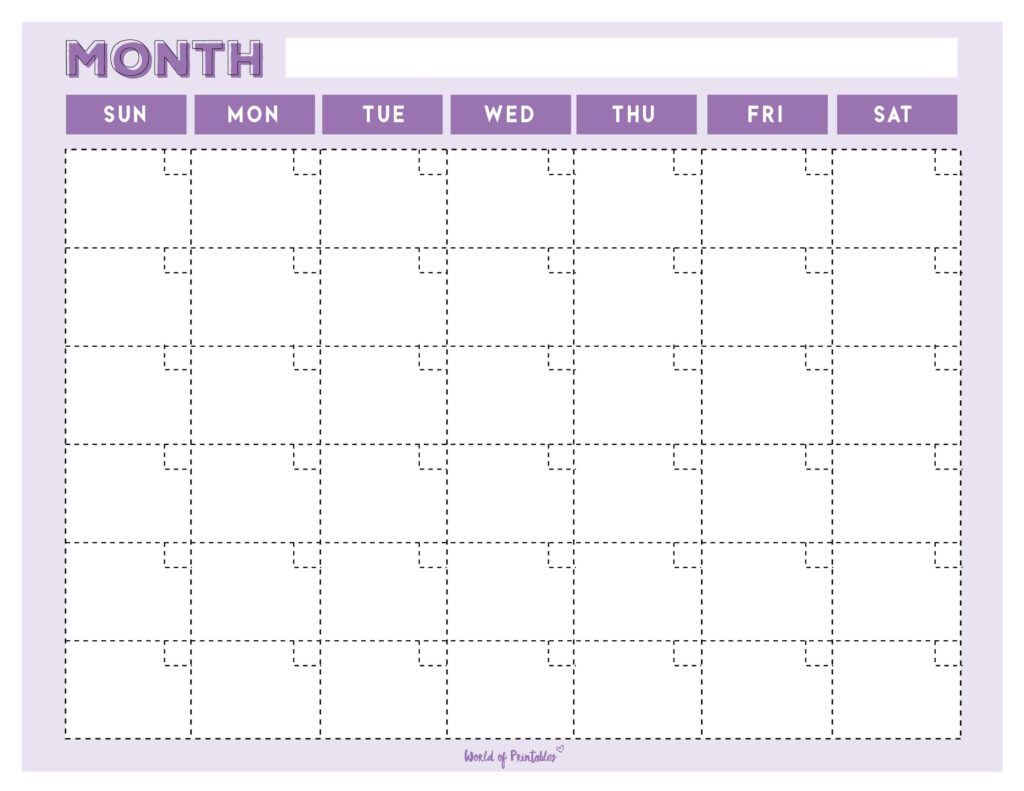 blank monthly calendar pruple