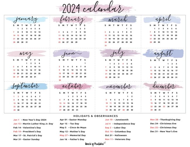 2024 Calendar With Holidays - World of Printables