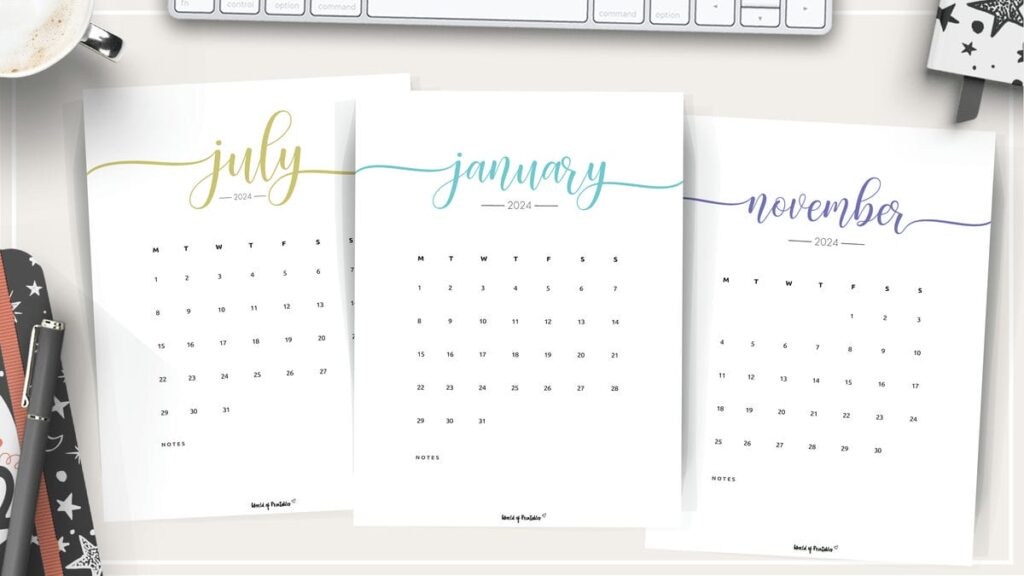 colorful cursive 2024 calendar