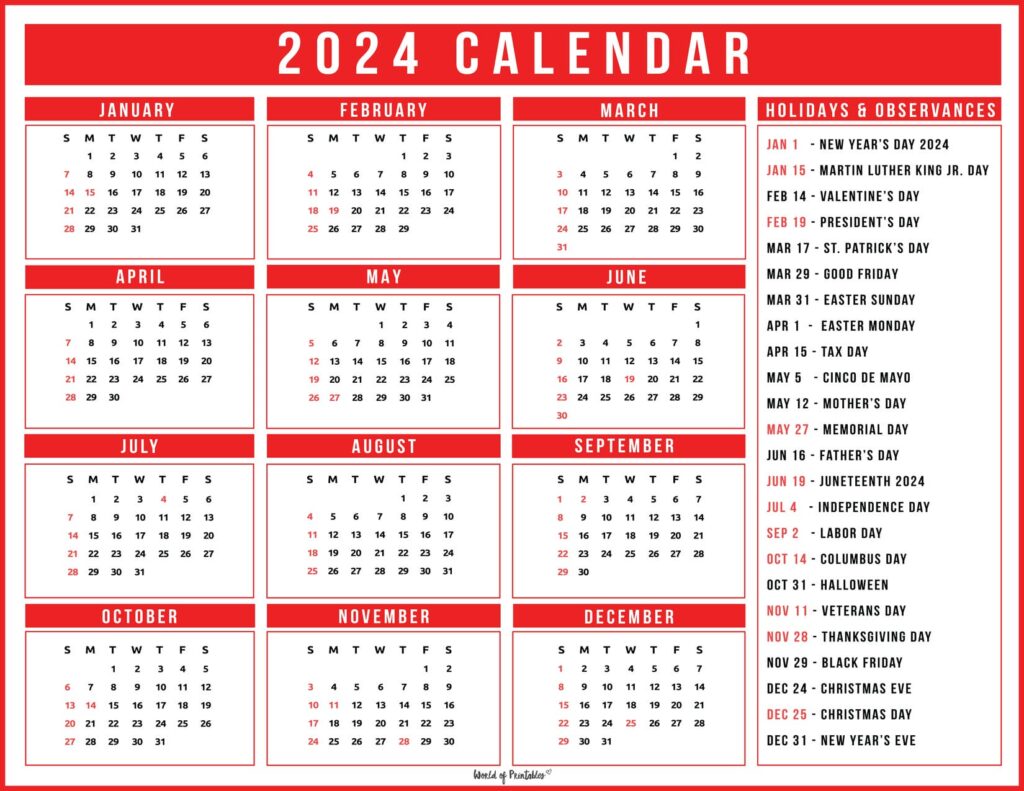 holiday calendar 2024