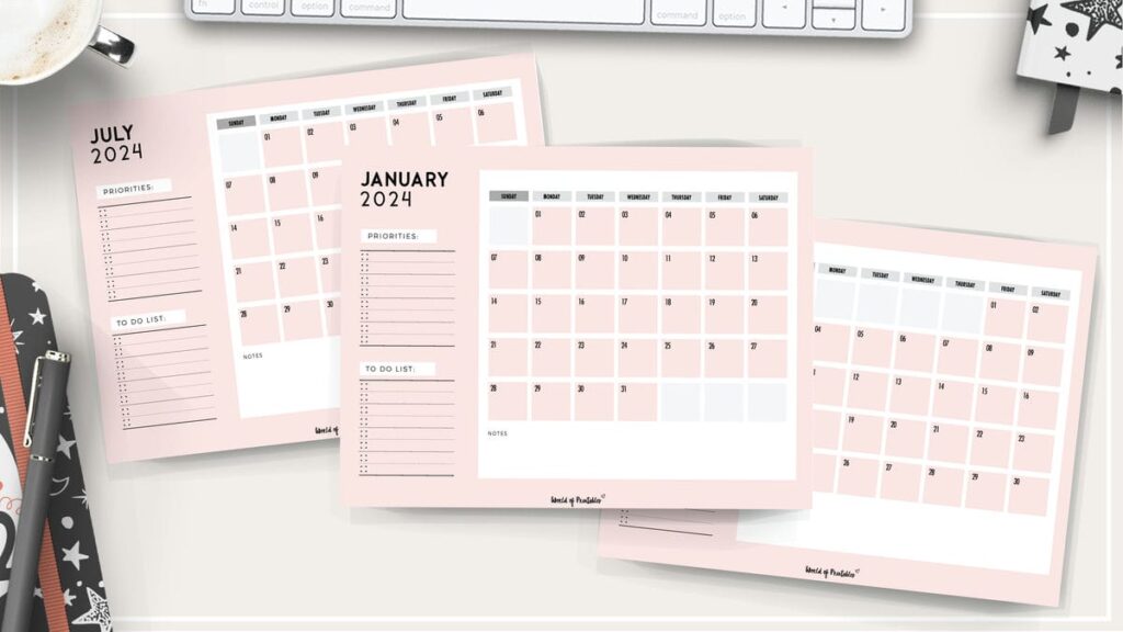 monthly calendar 2024 in pink