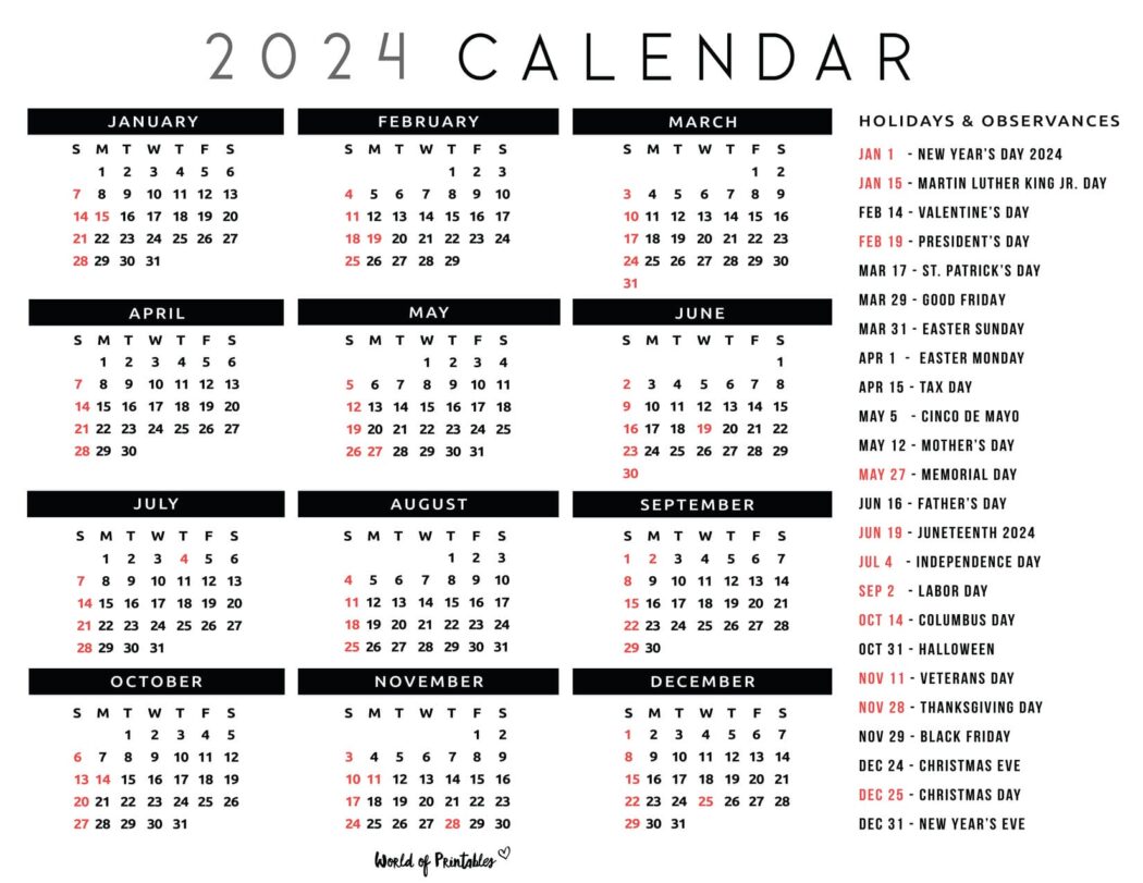 2024 Calendar With Holidays - World Of Printables