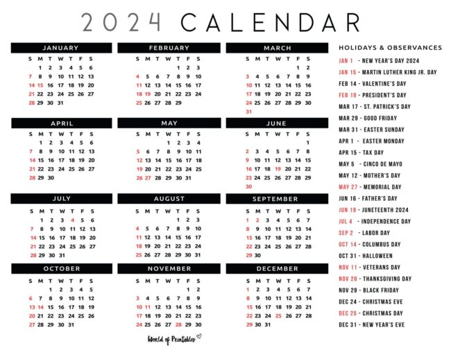 2024 Calendar With Holidays - World of Printables