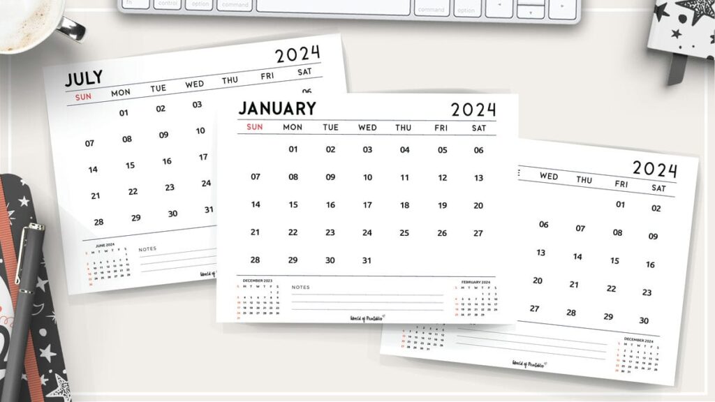 simple monthly calendar 2024 landscape