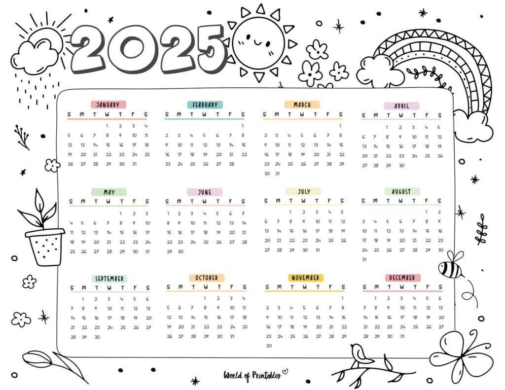 yearly calendar 2025 coloring