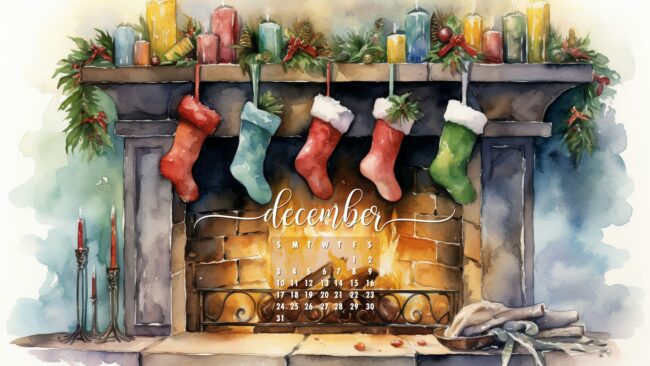December Calendar Wallpaper Stockings by Fireplace