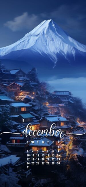 December Phone Wallpaper Winter Village and Mountain