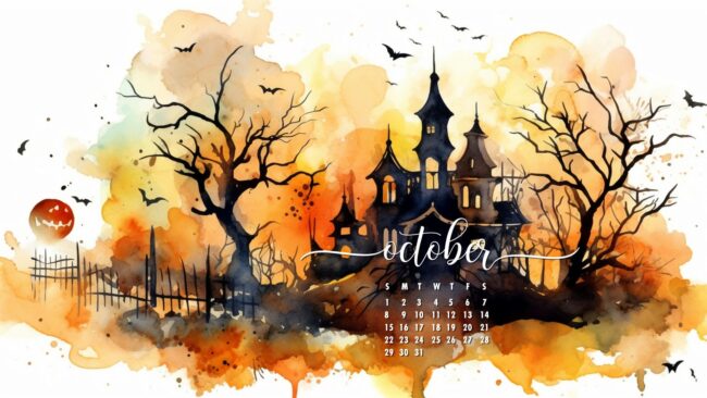 October Wallpaper Haunted House Watercolor