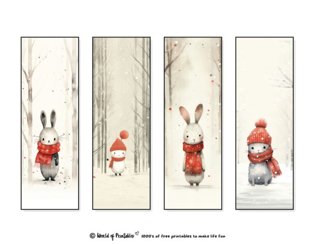 Christmas Bookmarks cute rabbits in snow