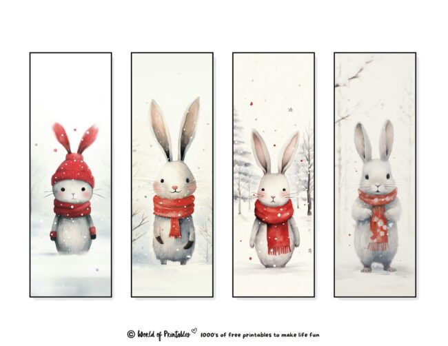 Christmas Bookmarks featuring rabbits in snow