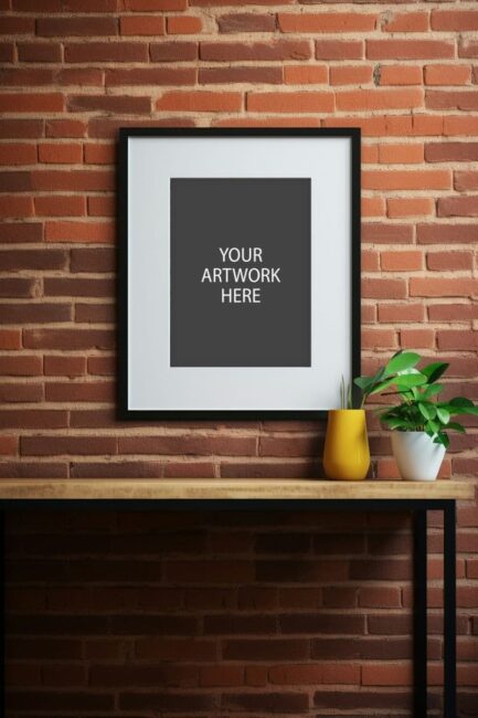 Frame Mockup on brick wall with plant on table